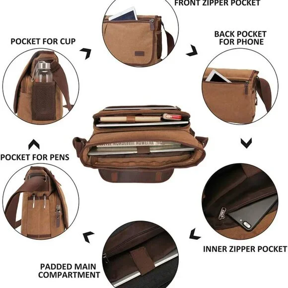Messenger Bag for Men, 13 Inches Laptop Satchel Bags, Canvas Shoulder Bag with B